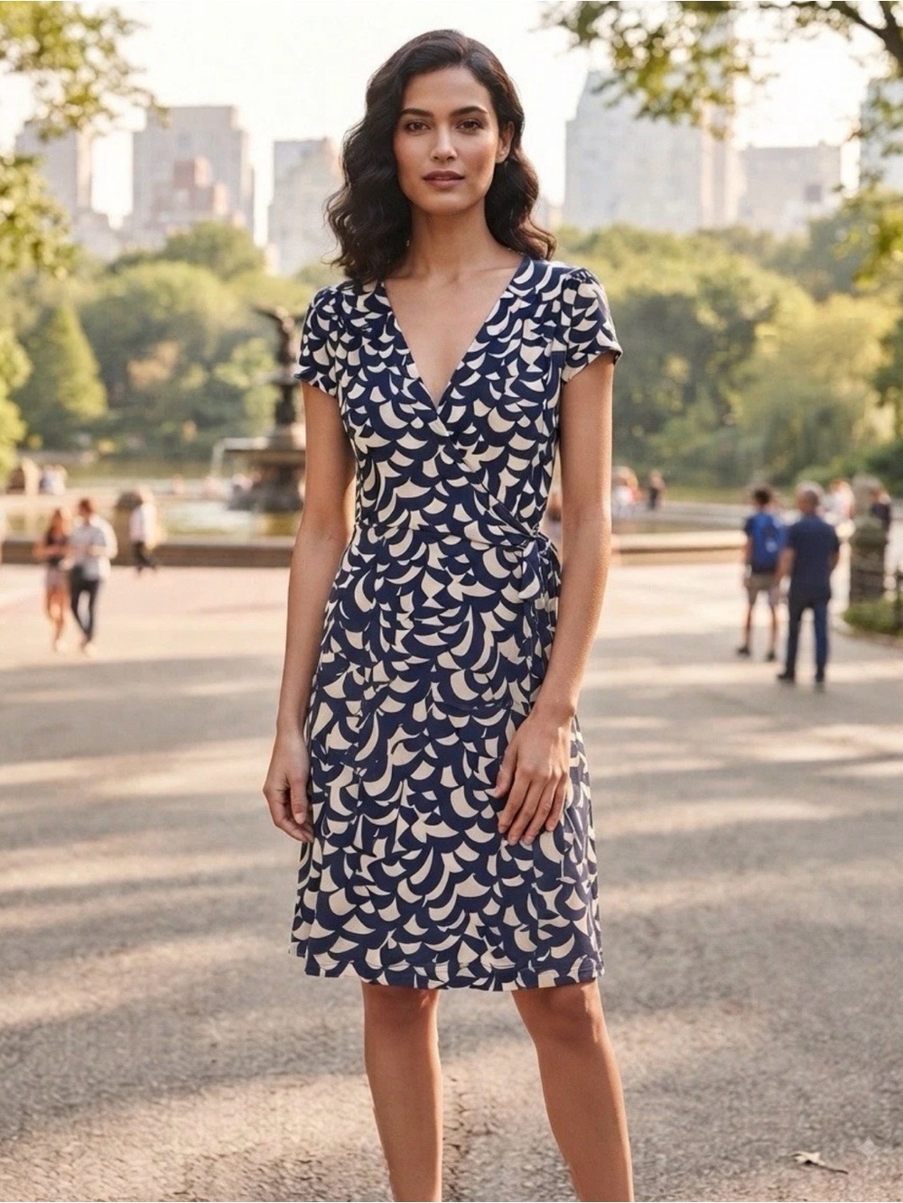 Boden Evangeline Jersey V-Neck Wrap Midi Dress Navy Blue Cream Printed Size 10L